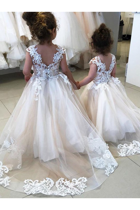 V-Back Ivory Ball Gown Bateau Neck Chapel Train Little Flower Girl Dress Hobart