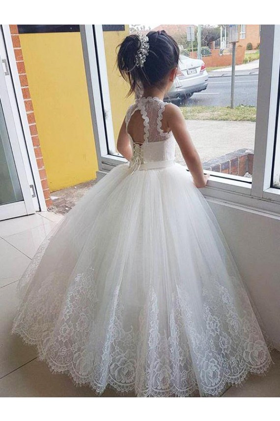 Keyhole Back Ivory Ball Gown High Neck Long Flower Girl Dress for Wedding Hobart