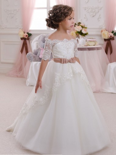 Keyhole Back Ivory Ball Gown High Neck Long Flower Girl Dresses Hobart