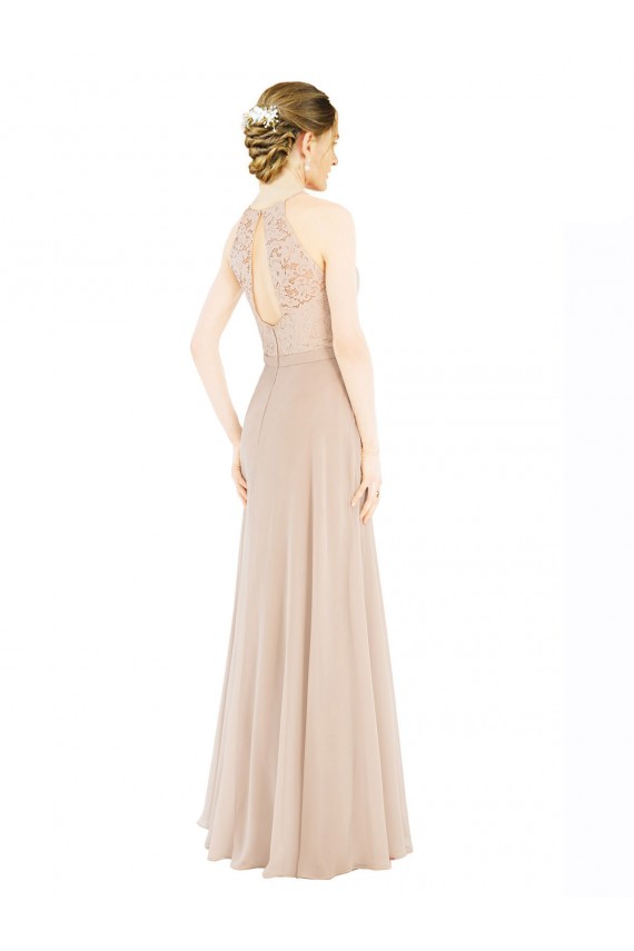 Keyhole Back Champagne A-Line High Neck Long Prom Dress / Bridesmaid Dress Hobart