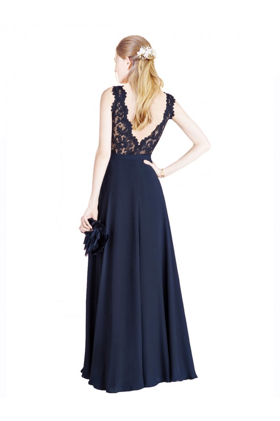 V-Back Dark Navy A-Line Illusion Neck Long Prom Dress / Bridesmaid Dress Hobart