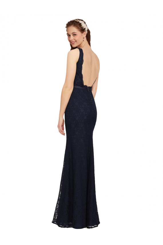 Open Back Dark Navy Sheath V-Neck Long Bridesmaid Dress Hobart