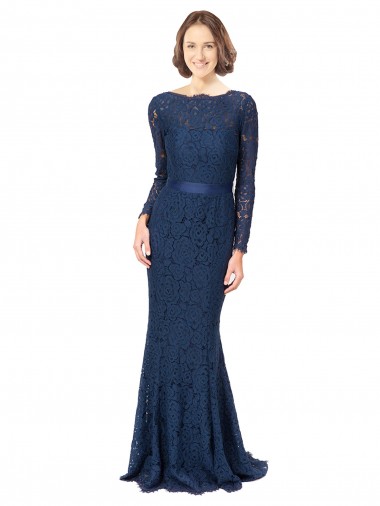 V-Back Dark Navy Mermaid, Sheath Jewel Neck Sweep Train Bridesmaid Dress Hobart