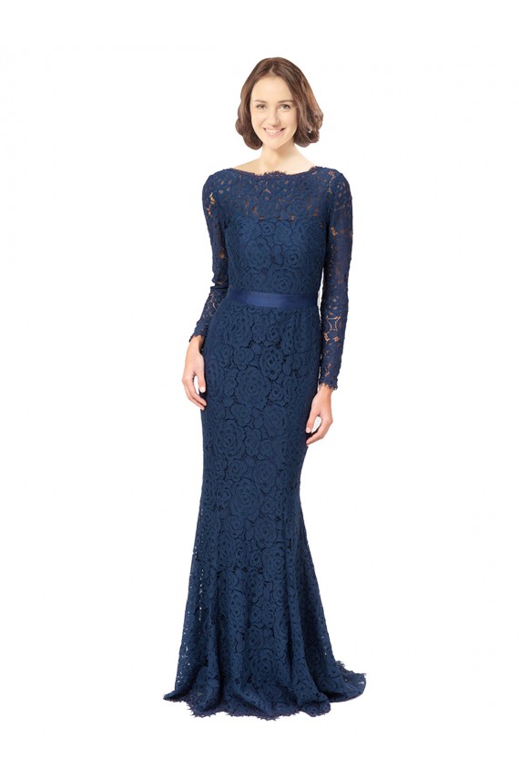 V-Back Dark Navy Mermaid, Sheath Jewel Neck Sweep Train Bridesmaid Dress Hobart