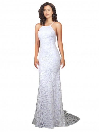 Open Back White Sheath High Neck Sweep Train Wedding Dress Hobart