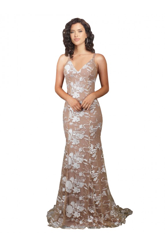 Open Back Champagne Mermaid V-Neck Sweep Train Wedding Dress Hobart