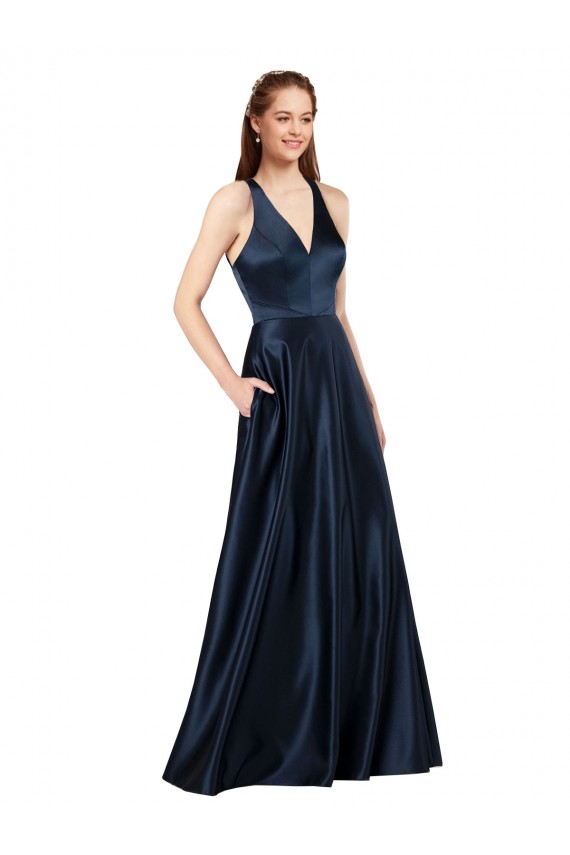 Keyhole Back Dark Navy A-Line V-Neck Long Formal Evening Gown / Prom Dress / Bridesmaid Dress Hobart