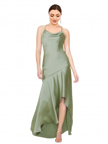 Open Back Smoke Green A-Line Cowl Neck Long High Low Evening Gown / Prom Dress / Bridesmaid Dress Hobart