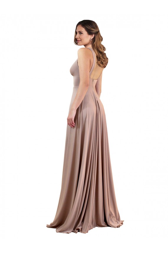 Low Back Dusty Pink A-Line V-Neck Long Black Tie Evening Gown / Prom Dress / Bridesmaid Dress Hobart