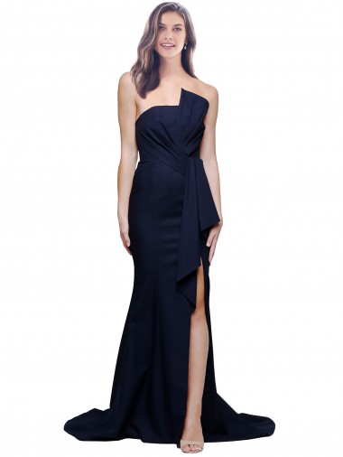 Low Back Dark Navy Sheath Strapless Sweep Train Semi Formal Evening Dress / Prom Dress / Bridesmaid Dress Hobart