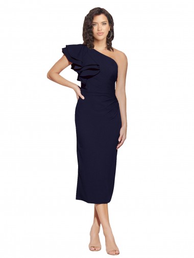 Dark Navy Sheath One Shoulder Midi Length Formal Evening Gown / Prom Dress / Bridesmaid Dress Hobart