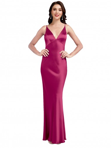 Low Back Fuchsia A-Line V-Neck Long Formal Evening Gown / Prom Dress / Bridesmaid Dress Hobart