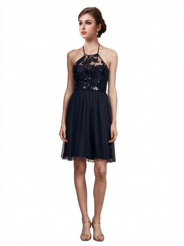 Black A-Line Halter Neck Knee Length Bridesmaid Gown Hobart