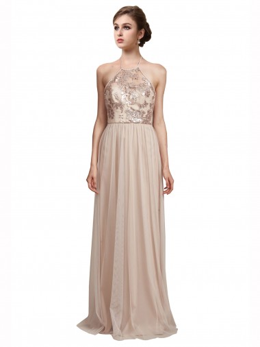 Nude A-Line Halter Neck Long Bridesmaid Dress Hobart
