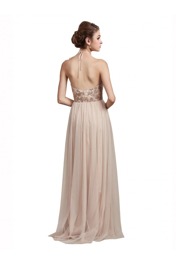 Nude A-Line Halter Neck Long Bridesmaid Dress Hobart