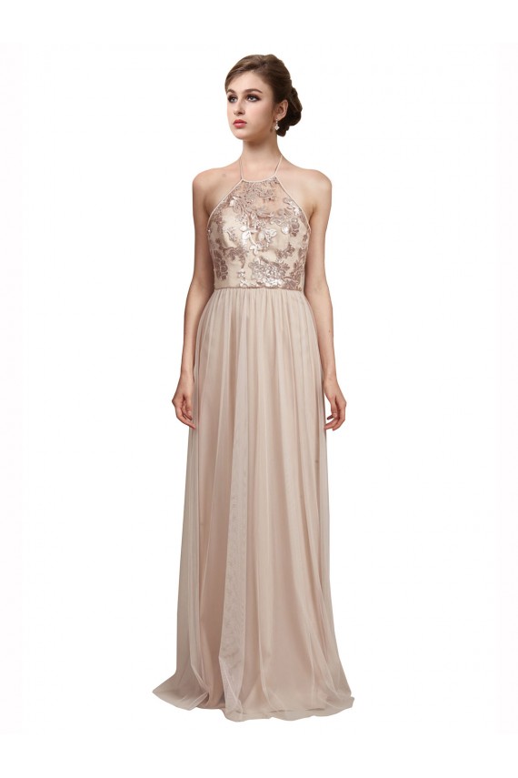 Nude A-Line Halter Neck Long Bridesmaid Dress Hobart