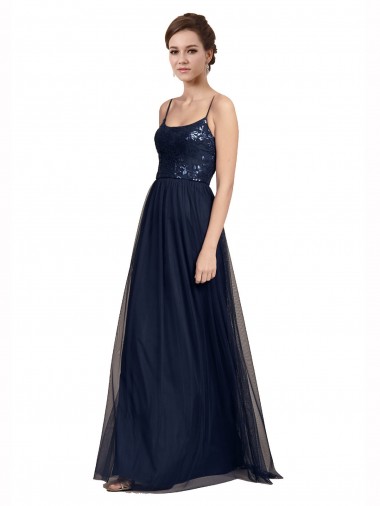 Dark Navy A-Line Spaghetti Straps Long Bridesmaid Dress Hobart