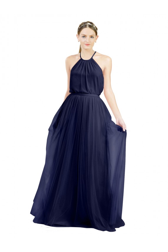 Navy Blue A-Line High Neck Long Semi Formal Evening Dress / Bridesmaid Dress Hobart