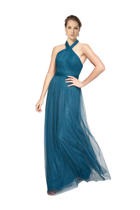 Open Back Teal Green A-Line High Neck Long Bridesmaid Dress Hobart