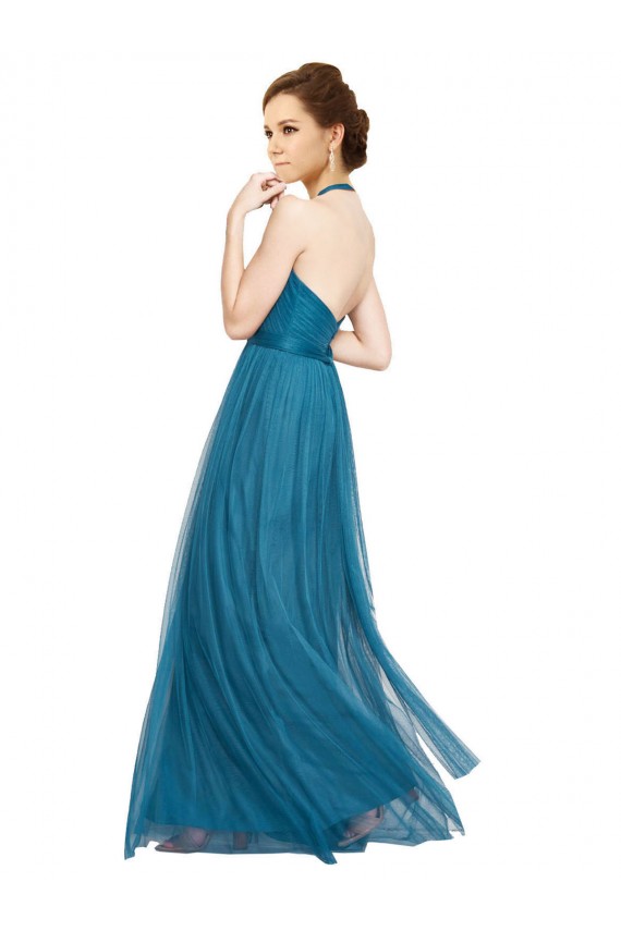 Open Back Teal Green A-Line High Neck Long Bridesmaid Dress Hobart