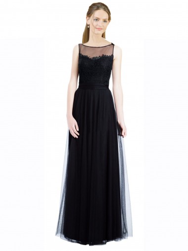 Low Back Black A-Line Illusion Neck Long Bridesmaid Dress Hobart