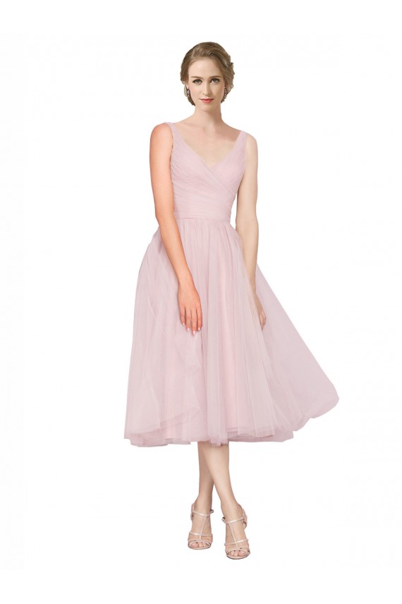 V-Back Pink A-Line V-Neck Tea Length Bridesmaid Dress Hobart