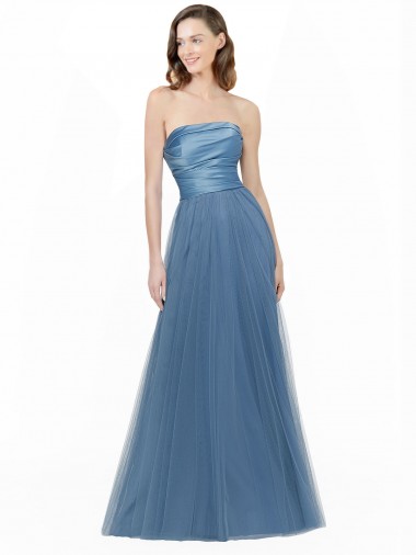 Low Back Satin & Tulle A-Line Strapless Sleeveless Long Bridesmaid Dress Hobart