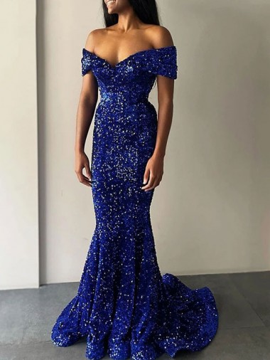 Royal Blue Mermaid Off the Shoulder Sweep Train Prom Dresses Hobart