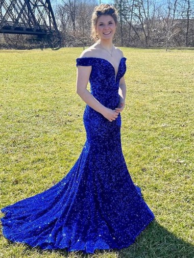 Royal Blue Sheath Off the Shoulder Sweep Train Prom Dress Hobart