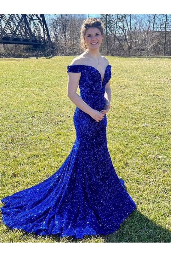 Royal Blue Sheath Off the Shoulder Sweep Train Prom Dress Hobart
