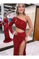 Burgundy Mermaid One Shoulder Long Sleeves Sweep Train Evening Dress Hobart