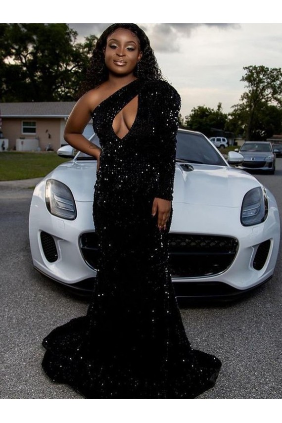 Black Sheath One Shoulder Sweep Train Prom Dress Hobart