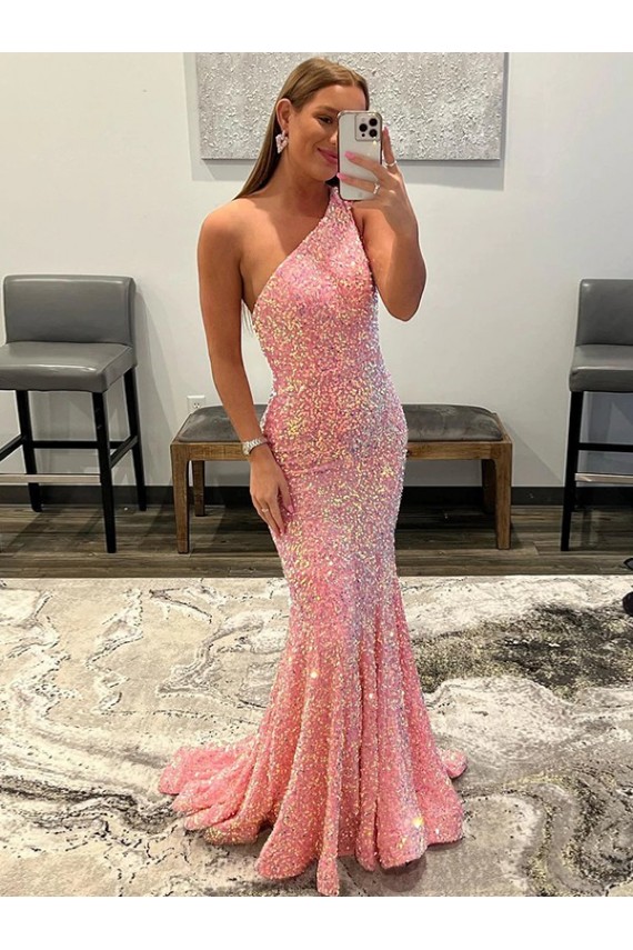 Pink Sheath One Shoulder Sweep Train Prom Dress Hobart