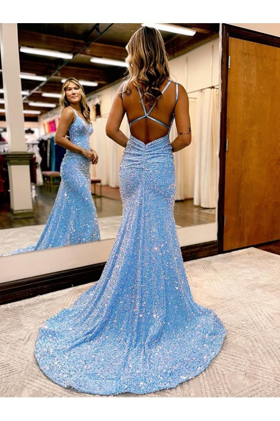 Periwinkle Sheath V-Neck Sweep Train Evening Gown Hobart