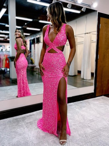 Shown Color Sheath V-Neck Long Sweep Train Evening Dress Hobart