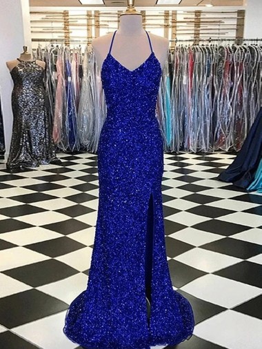 Royal Blue Sheath V-Neck Sweep Train Prom Dress / Evening Gown Hobart