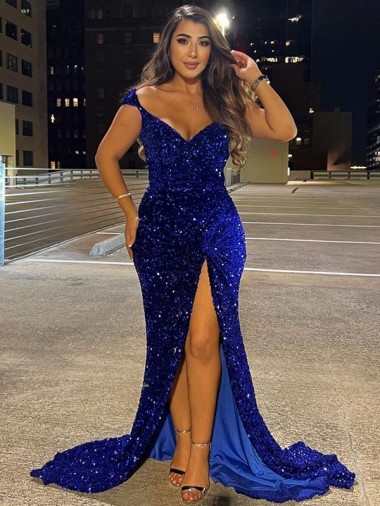 Royal Blue Sheath V-Neck Sweep Train Dress Hobart