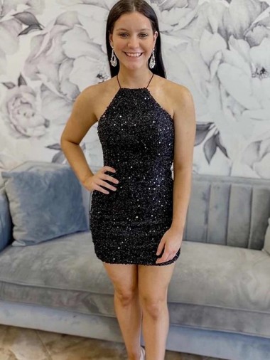 Black Sheath Halter Neck Short Prom Dress Hobart