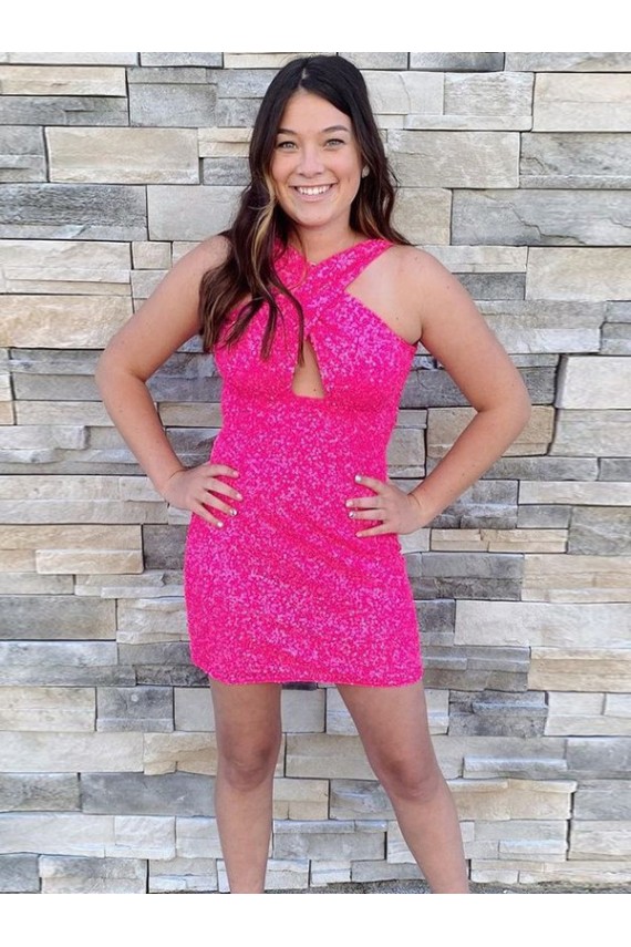 Fuchsia Sheath Halter Neck Short Homecoming Dress Hobart
