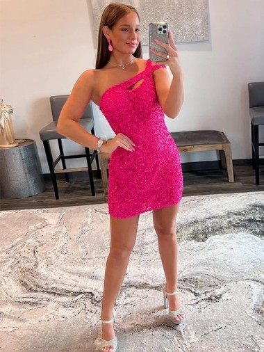 Fuchsia Sheath One Shoulder Short Prom Dresses Hobart