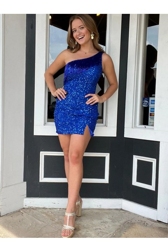 One Shoulder Royal Blue Sheath Short Homecoming Dress Hobart