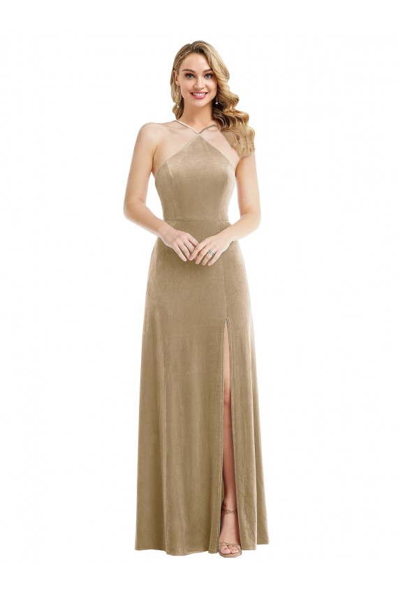 Open Back Champagne A-Line High Neck Long Semi Formal Evening Dress / Prom Dress / Bridesmaid Dress Hobart