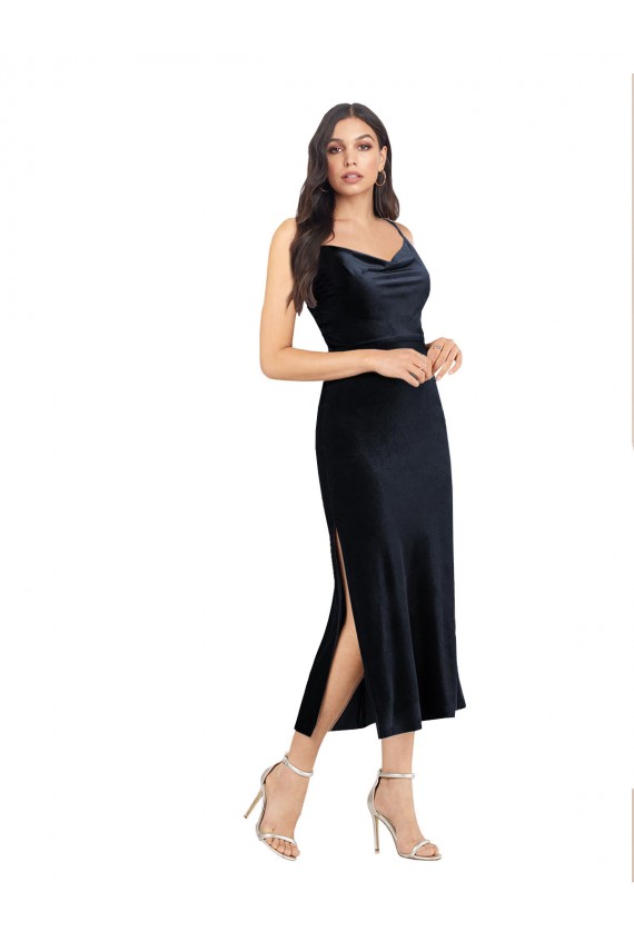 Low Back Dark Navy Column Cowl Neck Midi Length Formal Evening Gown / Prom Dress / Bridesmaid Dress Hobart