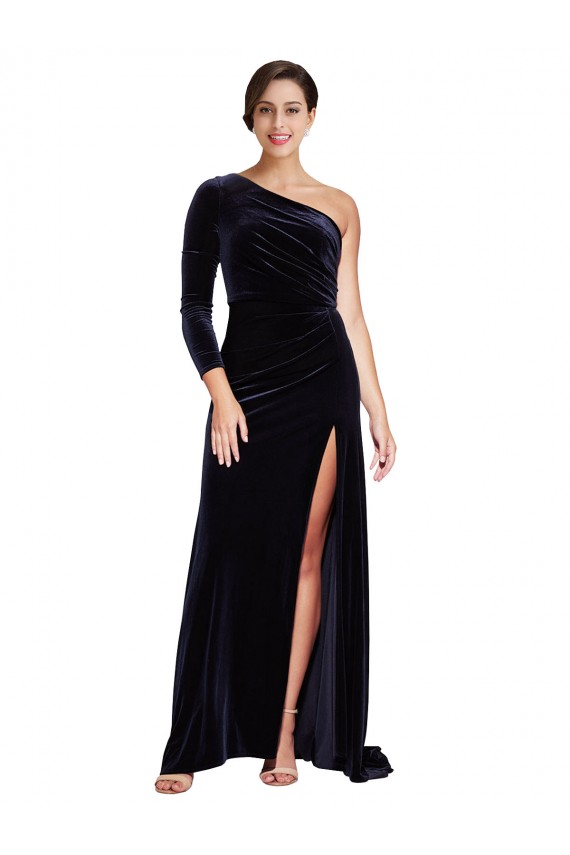 Dark Navy A-Line One Shoulder Sweep Train Formal Evening Gown / Prom Dress / Bridesmaid Dress Hobart