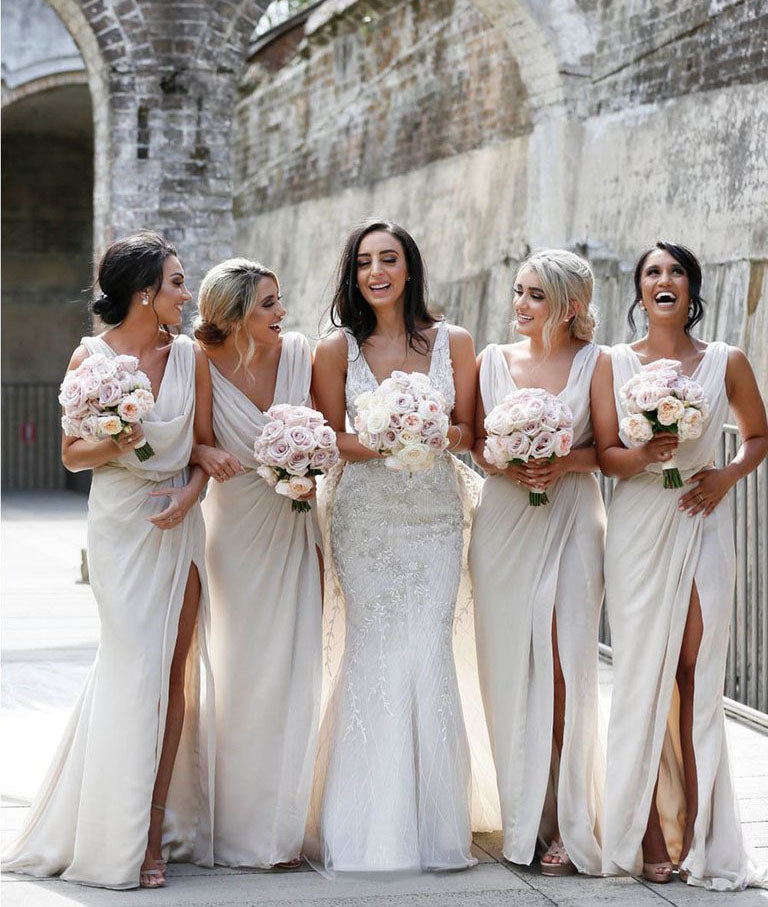 Full Length Luxe Chiffon Long Champagne bridesmaid dresses Hobart with Sexy High Slit and Front Ruffles