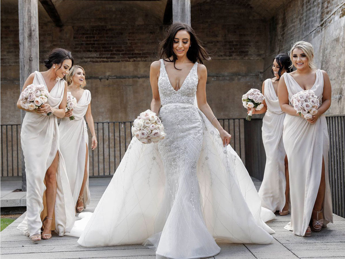 Full Length Luxe Chiffon Long Champagne bridesmaid dresses Hobart with Sexy High Slit and Front Ruffles
