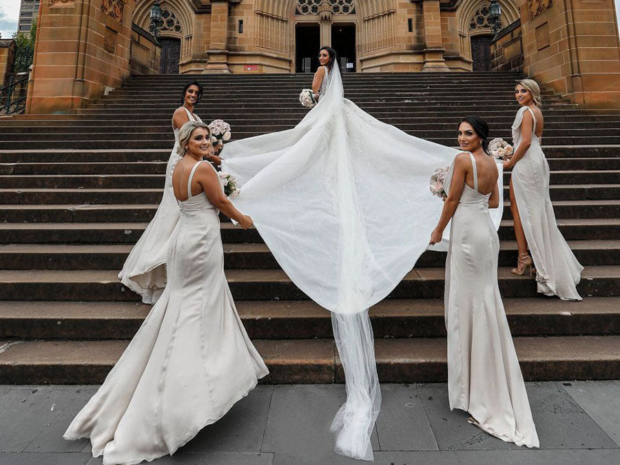 Full Length Luxe Chiffon Long Champagne bridesmaid dresses Hobart with Sexy High Slit and Front Ruffles