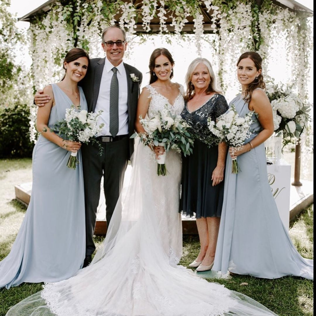 Dusty Blue Full Length Luxe Chiffon Long Champagne bridesmaid dresses Hobart with Sexy High Slit and Front Ruffles