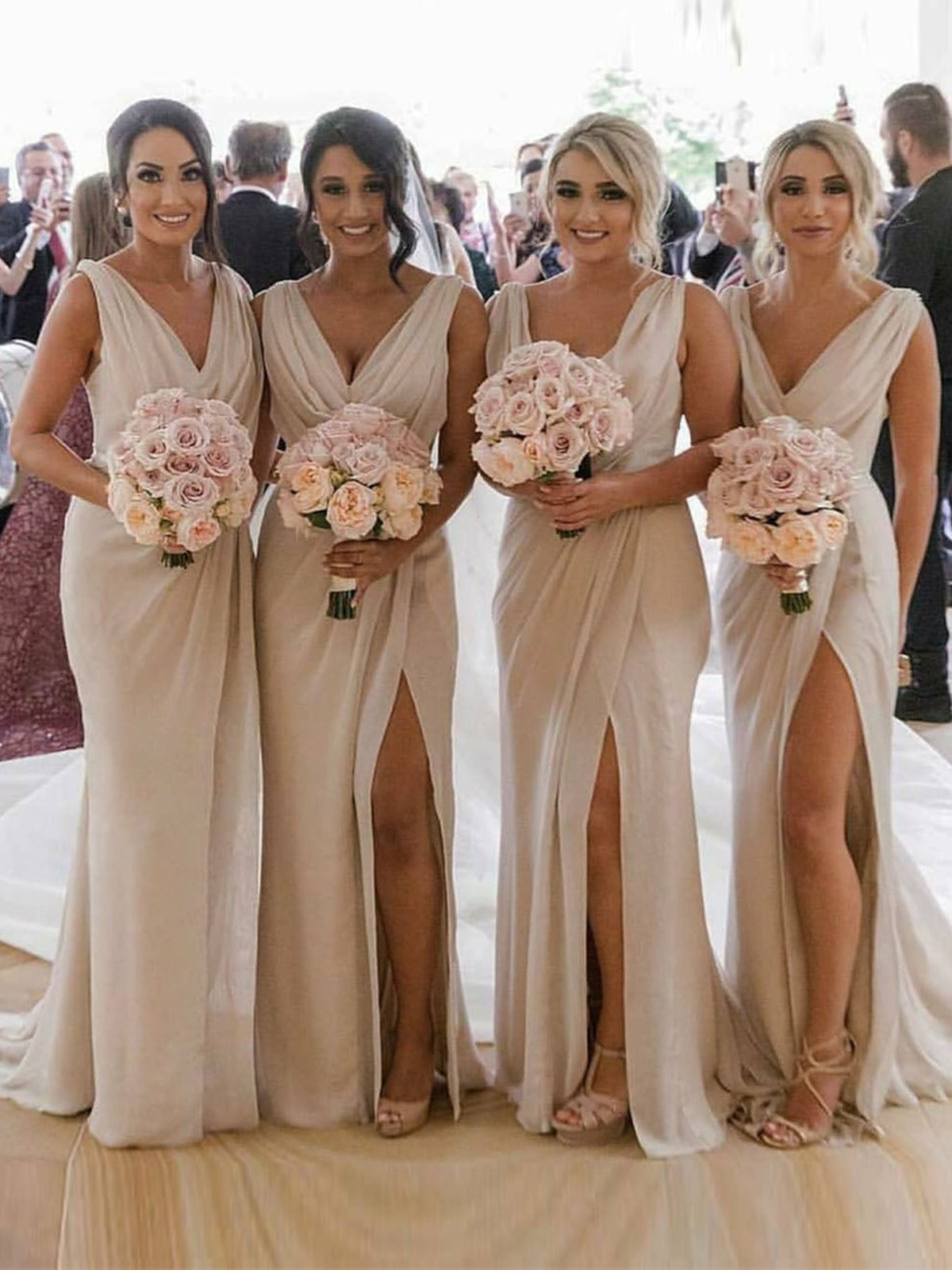 Champagne Full Length Luxe Chiffon Long Champagne bridesmaid dresses Hobart with Sexy High Slit and Front Ruffles
